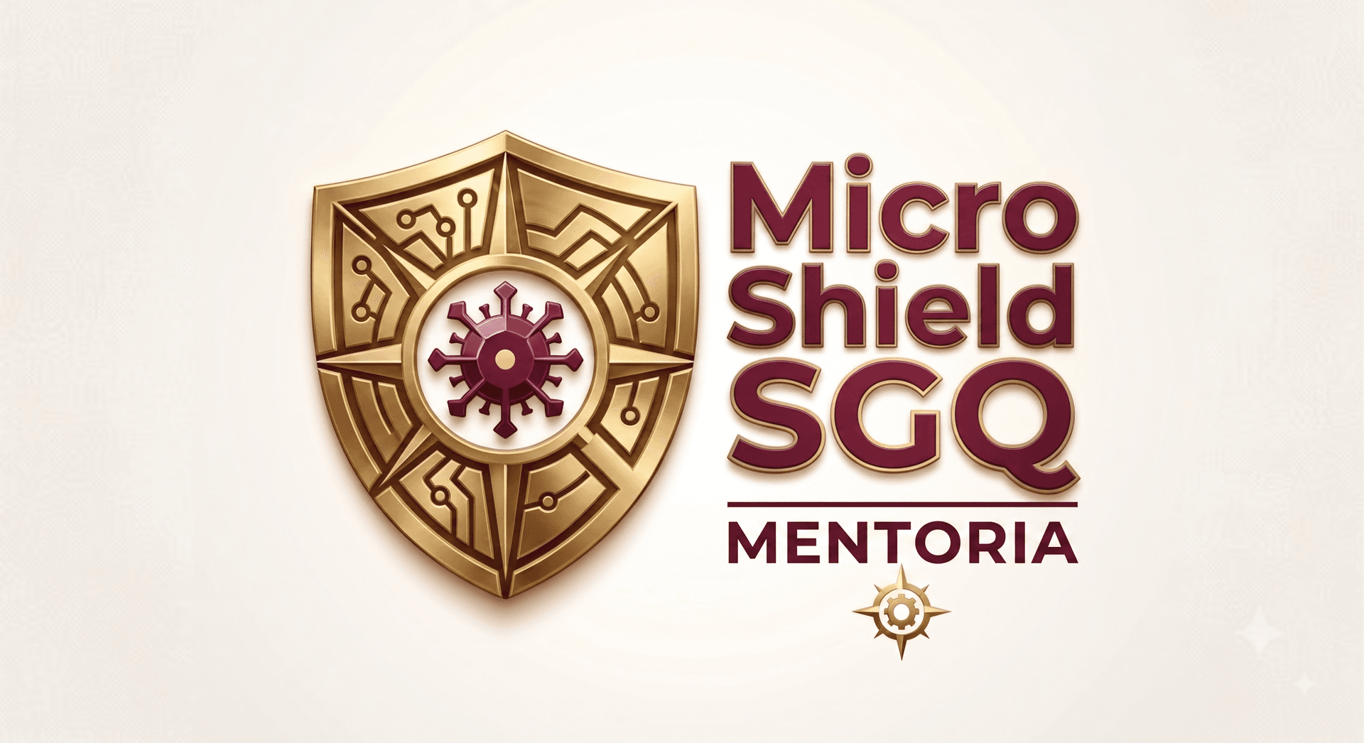 MicroShield SGQ — Mentoria, com escudo dourado e símbolo microbiológico em vinho