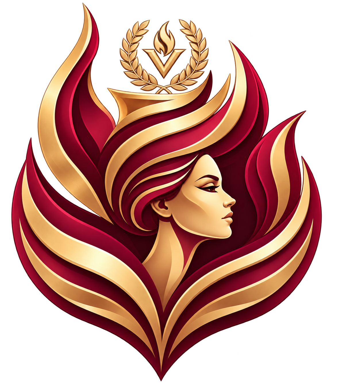 Emblema da assinatura Vesta com o brasão de folhas, V e fogo acima da mulher